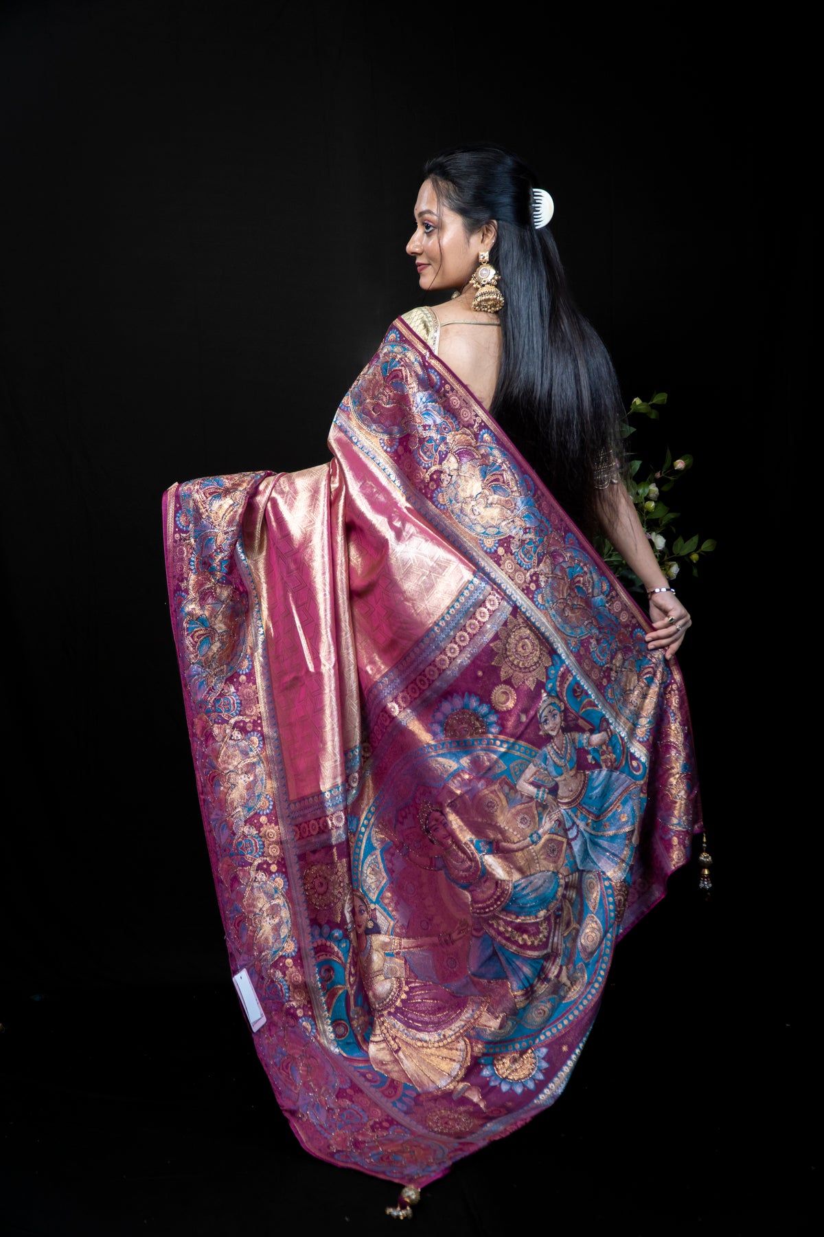 Tissue Kanjivaram Silk Saree with Pictorial Pallu Weave & Fancy Swarovski Work
