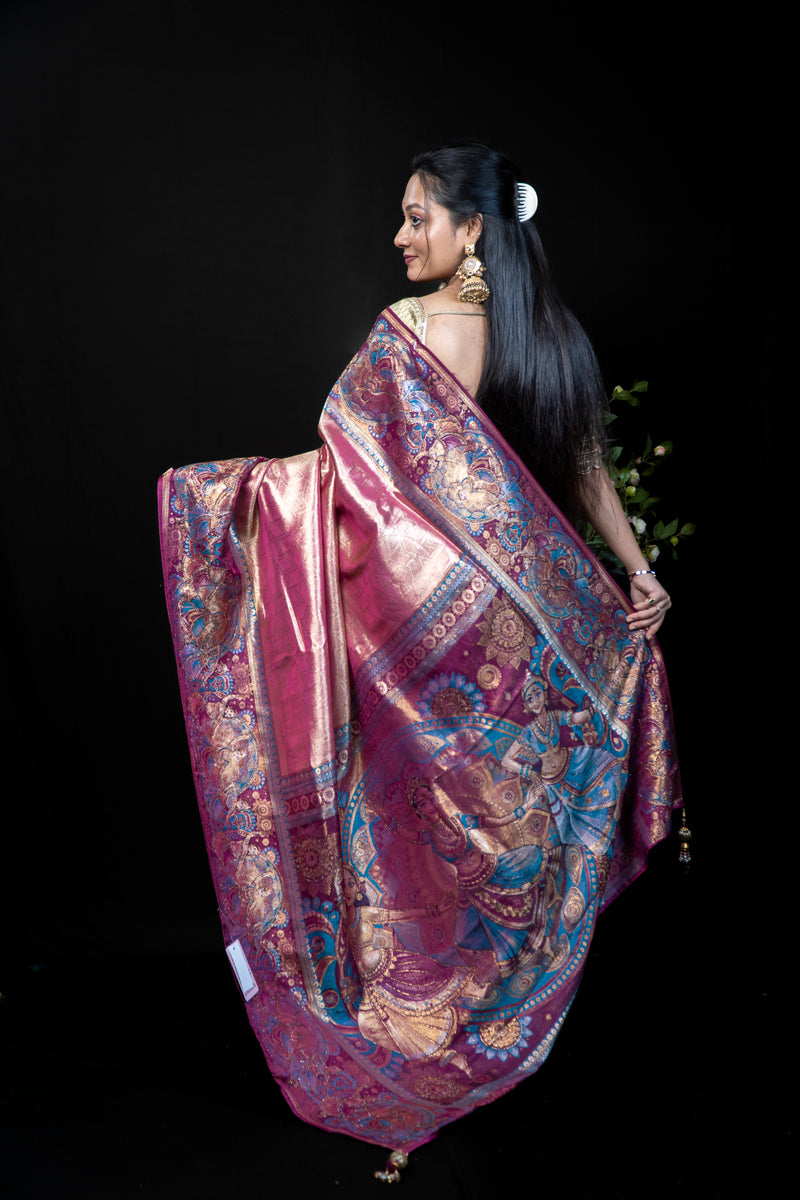 Tissue Kanjivaram Silk Saree with Pictorial Pallu Weave & Fancy Swarovski Work