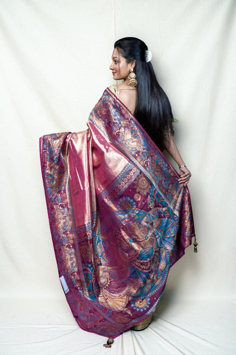 Tissue Kanjivaram Silk Saree with Pictorial Pallu Weave & Fancy Swarovski Work