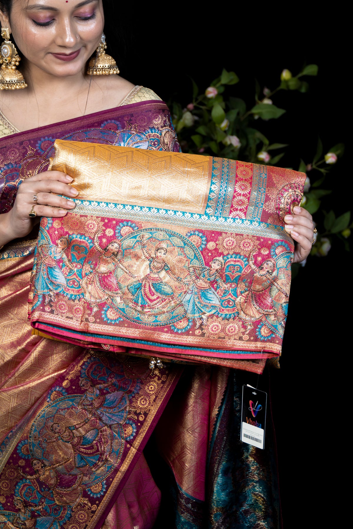 Tissue Kanjivaram Silk Saree with Pictorial Pallu Weave & Fancy Swarovski Work