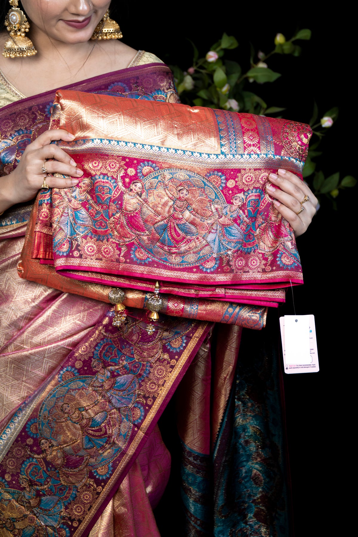 Tissue Kanjivaram Silk Saree with Pictorial Pallu Weave & Fancy Swarovski Work
