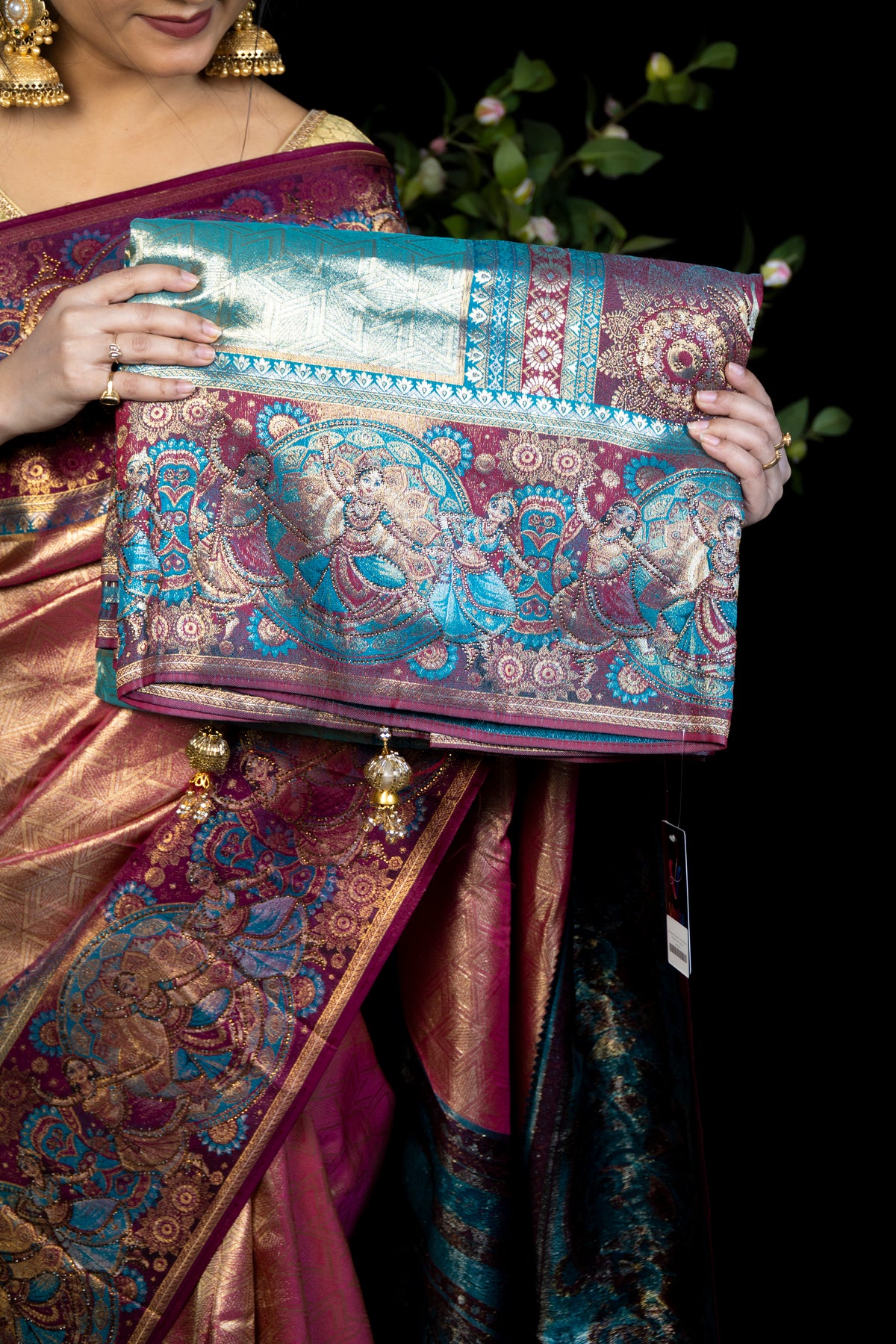 Tissue Kanjivaram Silk Saree with Pictorial Pallu Weave & Fancy Swarovski Work