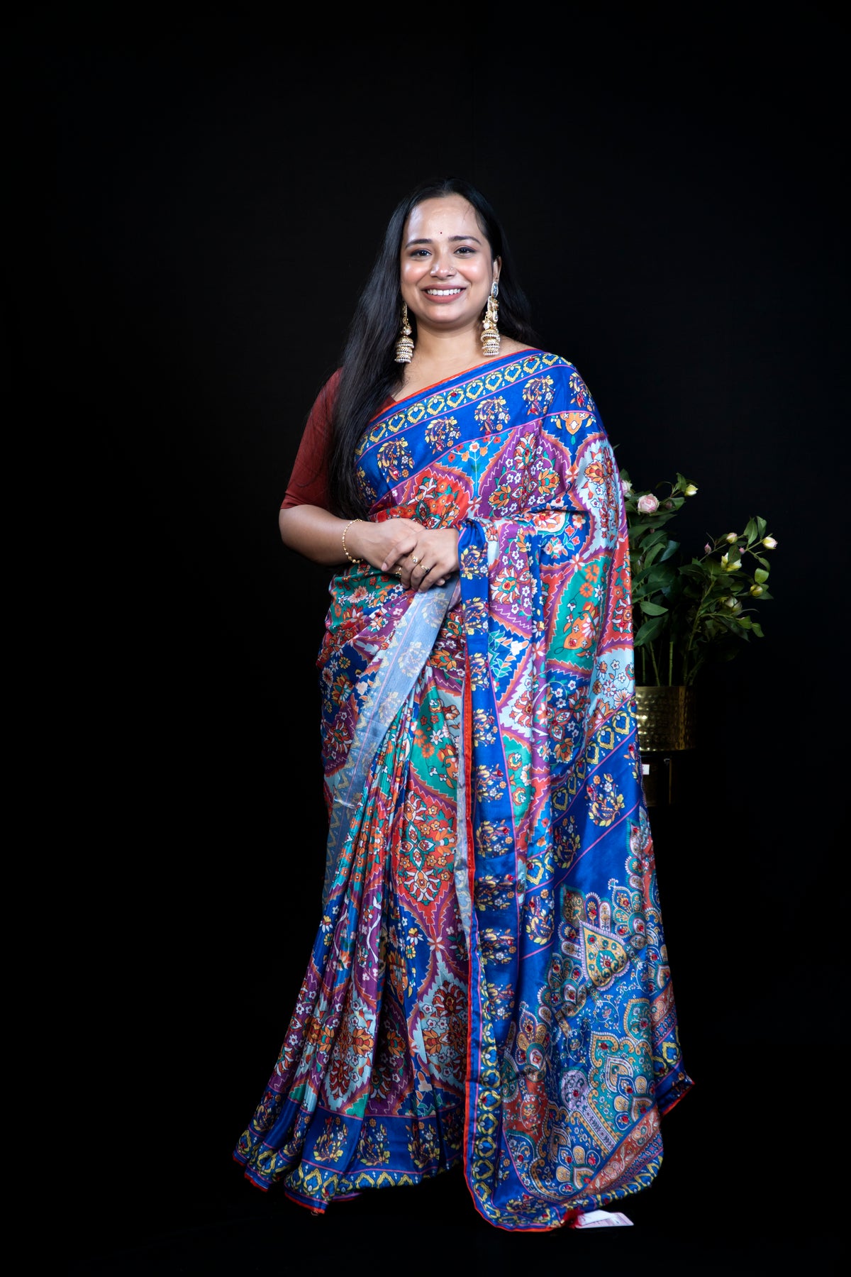 Multicolour Digital-Print Chinon Saree with  Border Exclusive Fancy Sarees