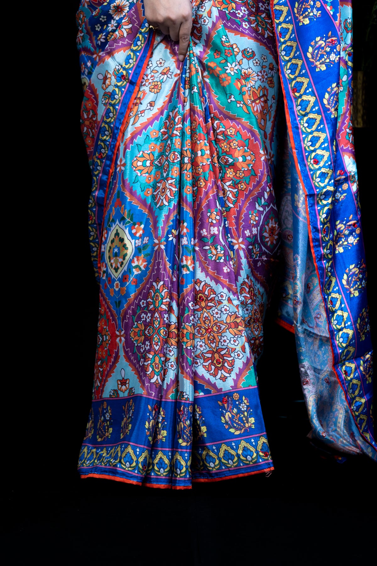 Multicolour Digital-Print Chinon Saree with  Border Exclusive Fancy Sarees