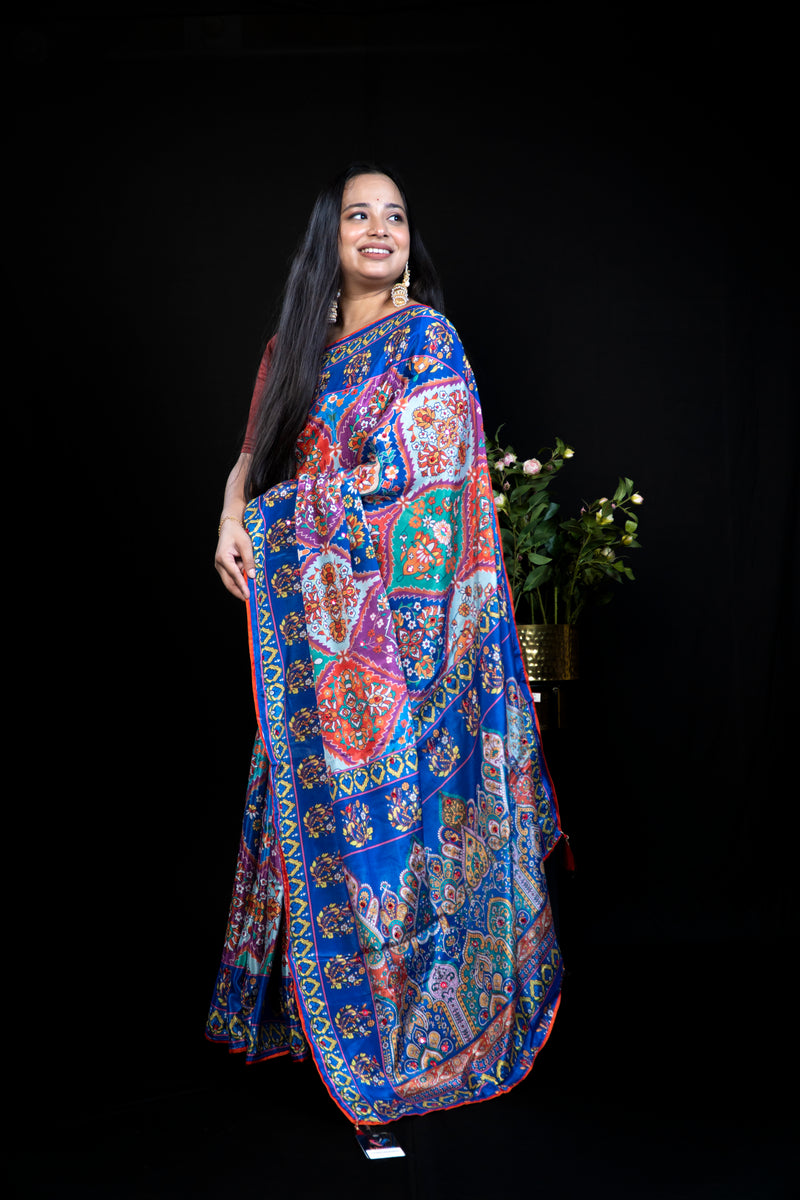 Multicolour Digital-Print Chinon Saree with  Border Exclusive Fancy Sarees