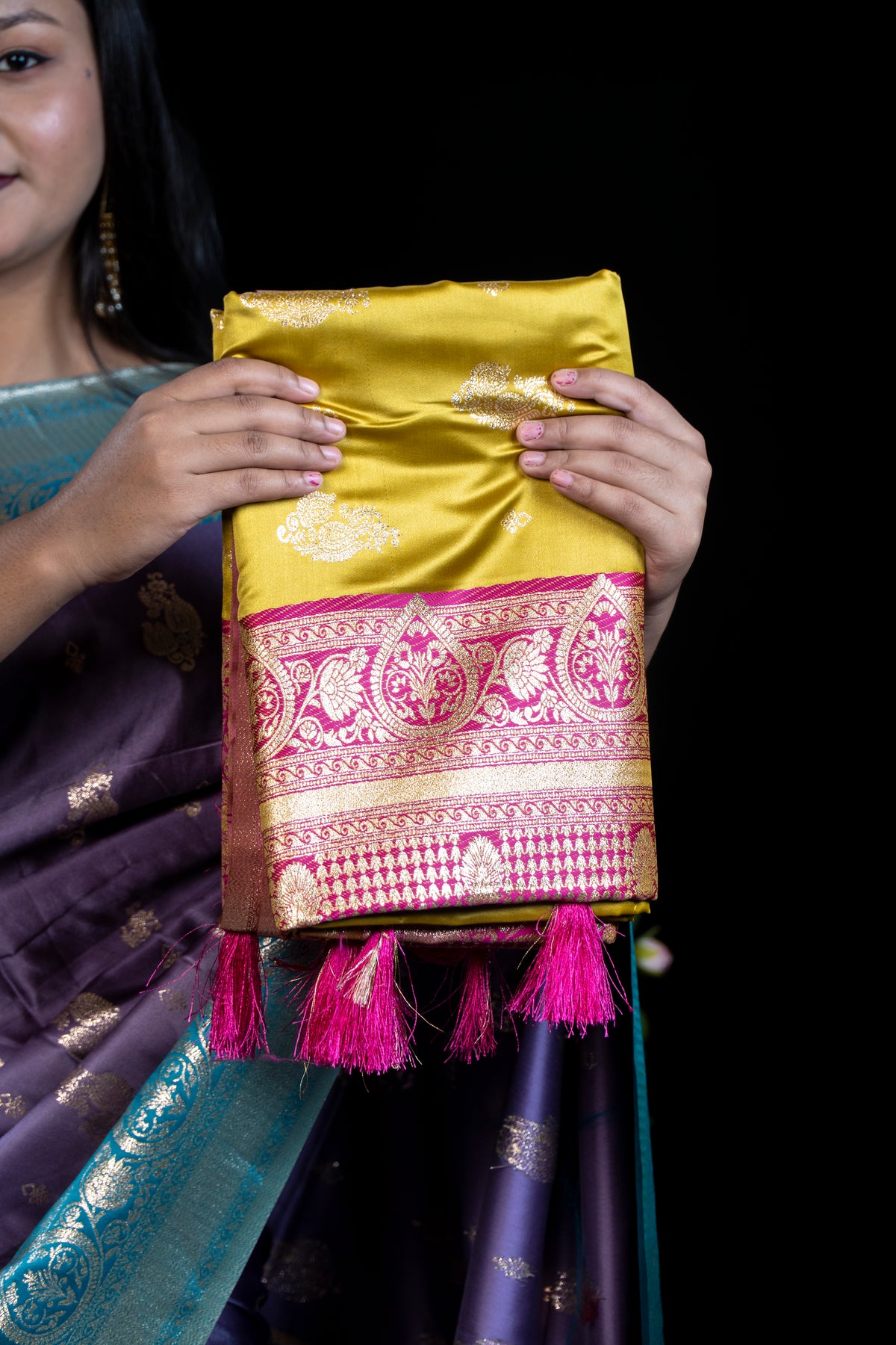 Mashru Satin silk Contrast Saree with Blouse Piece