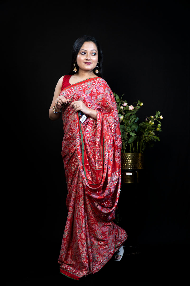 Ajrak Print Mirror crepe Silk Saree- Exclusive Fancy Sarees