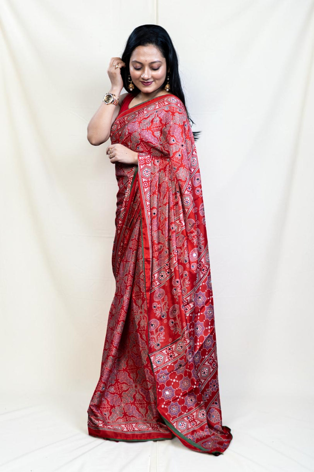 Ajrak Print Mirror crepe Silk Saree- Exclusive Fancy Sarees