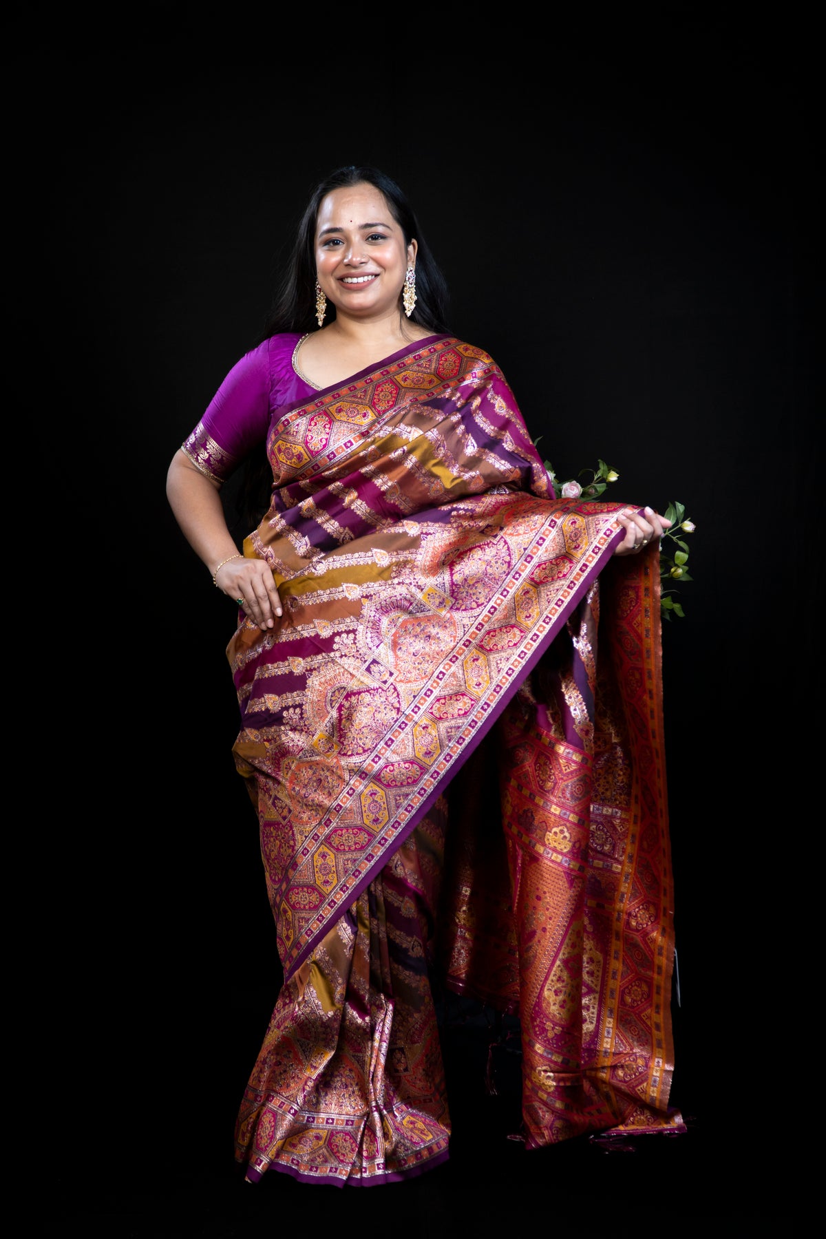 Patola-Style Silk Saree with Diagonal Stripe Print