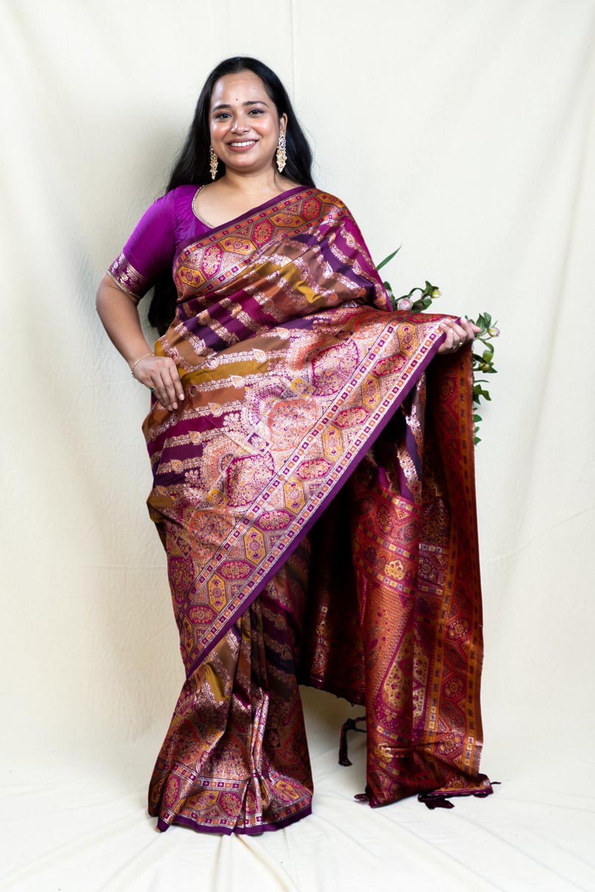 Patola-Style Silk Saree with Diagonal Stripe Print