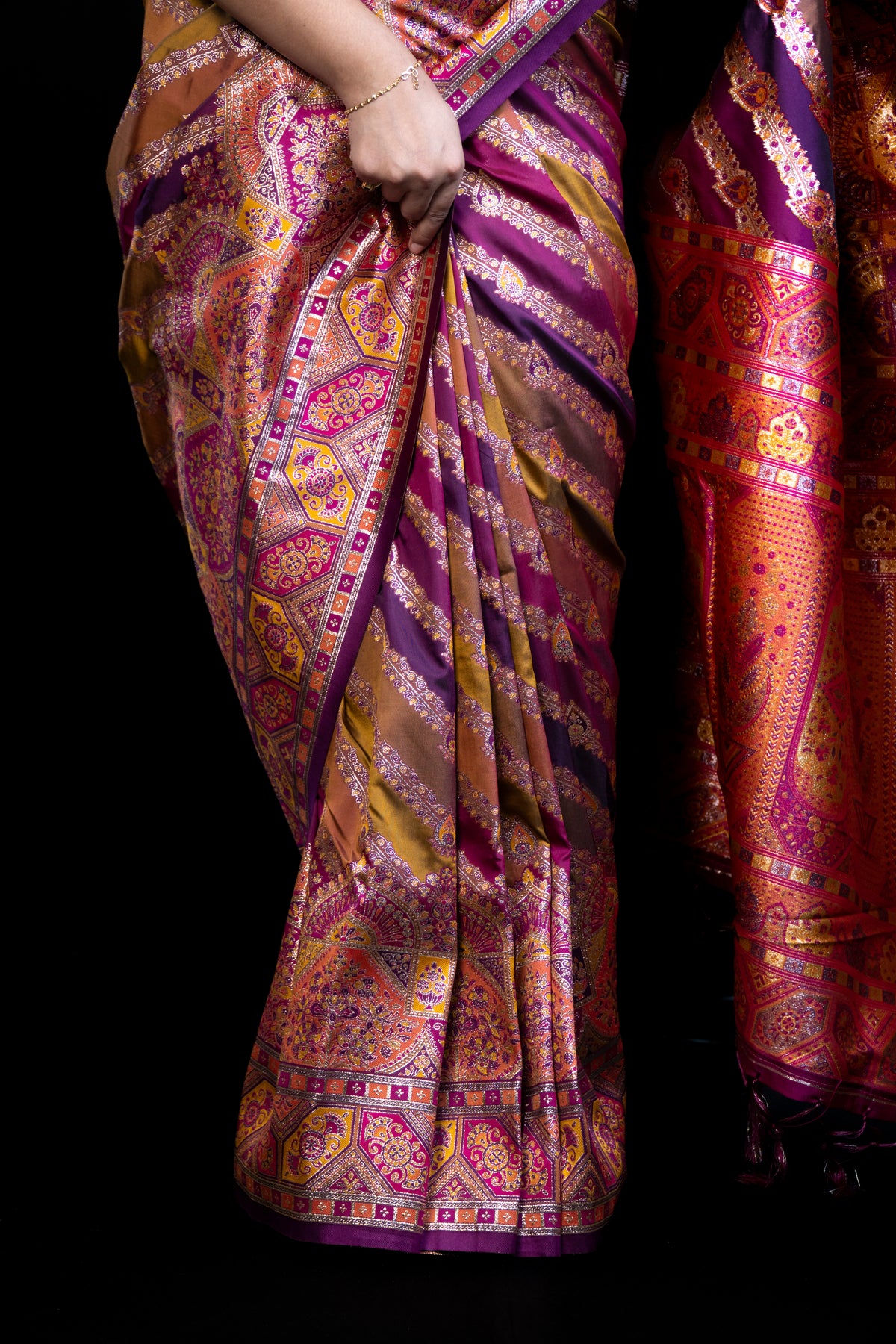 Patola-Style Silk Saree with Diagonal Stripe Print