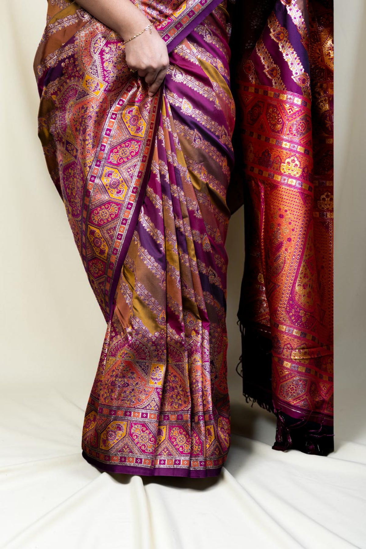 Patola-Style Silk Saree with Diagonal Stripe Print