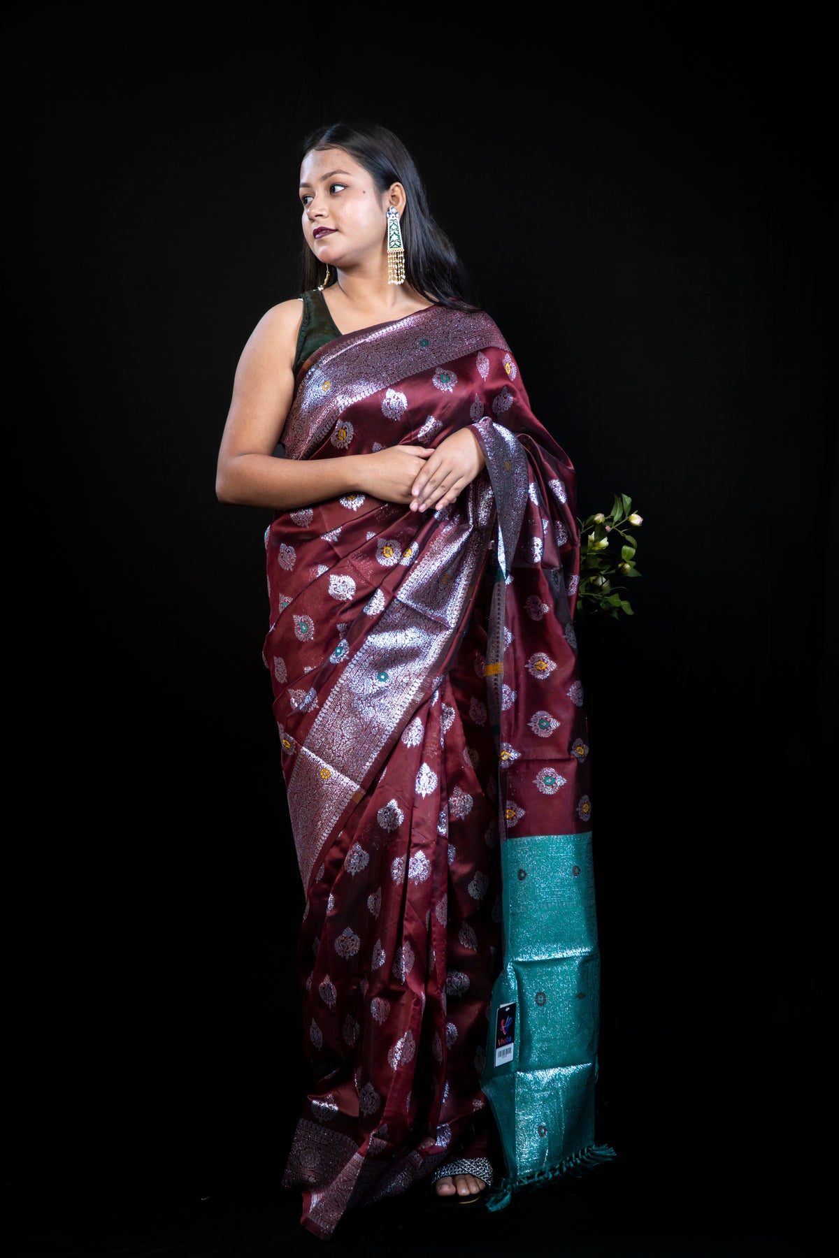 Emerald Soft Silk Saree with Silver Zari Meenakari Work