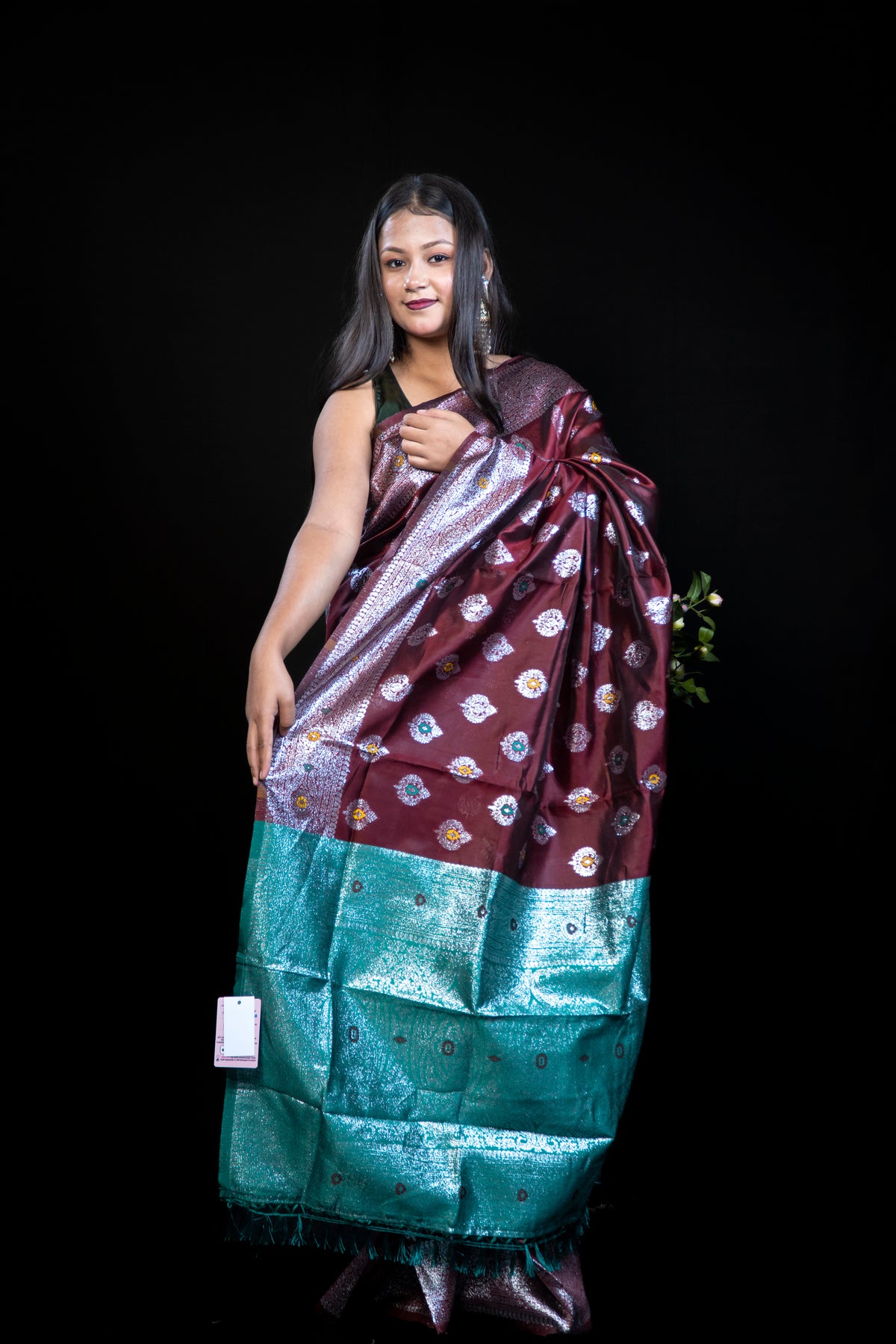 Emerald Soft Silk Saree with Silver Zari Meenakari Work