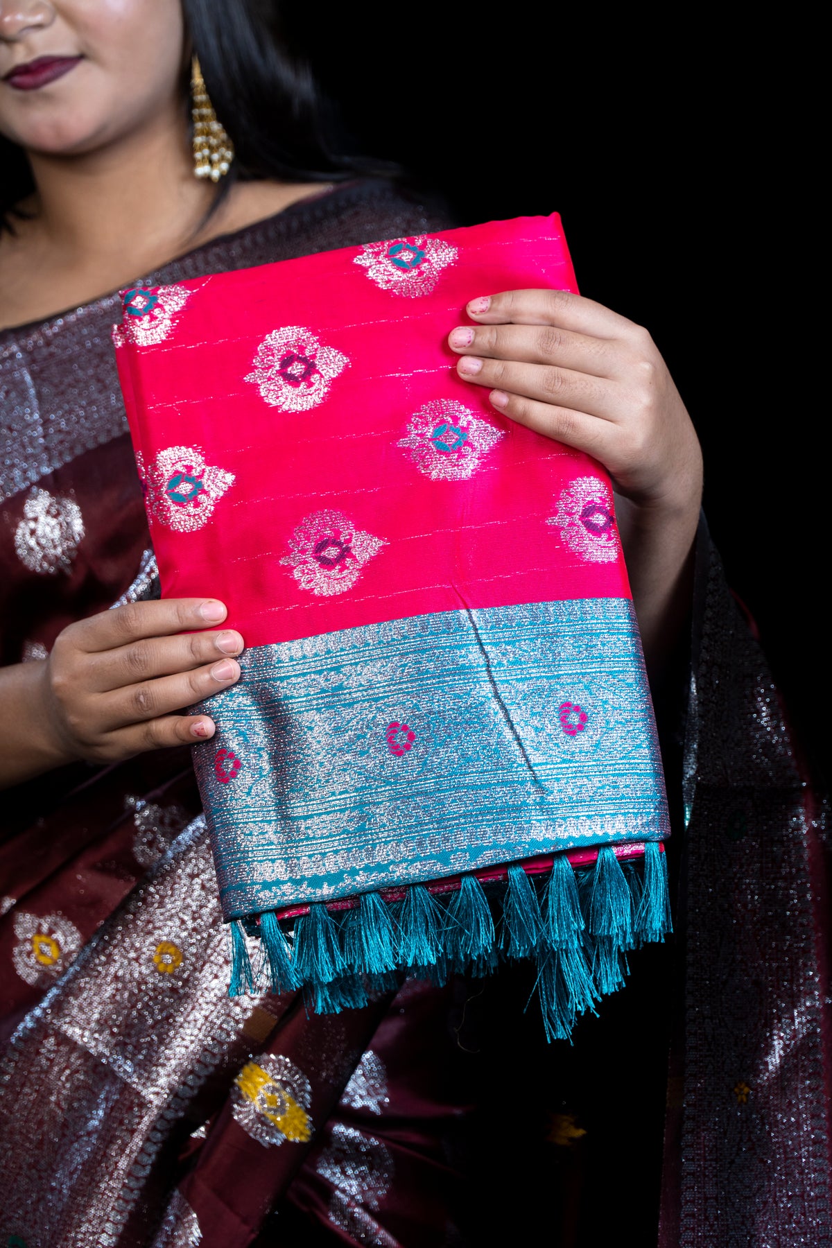 Emerald Soft Silk Saree with Silver Zari Meenakari Work