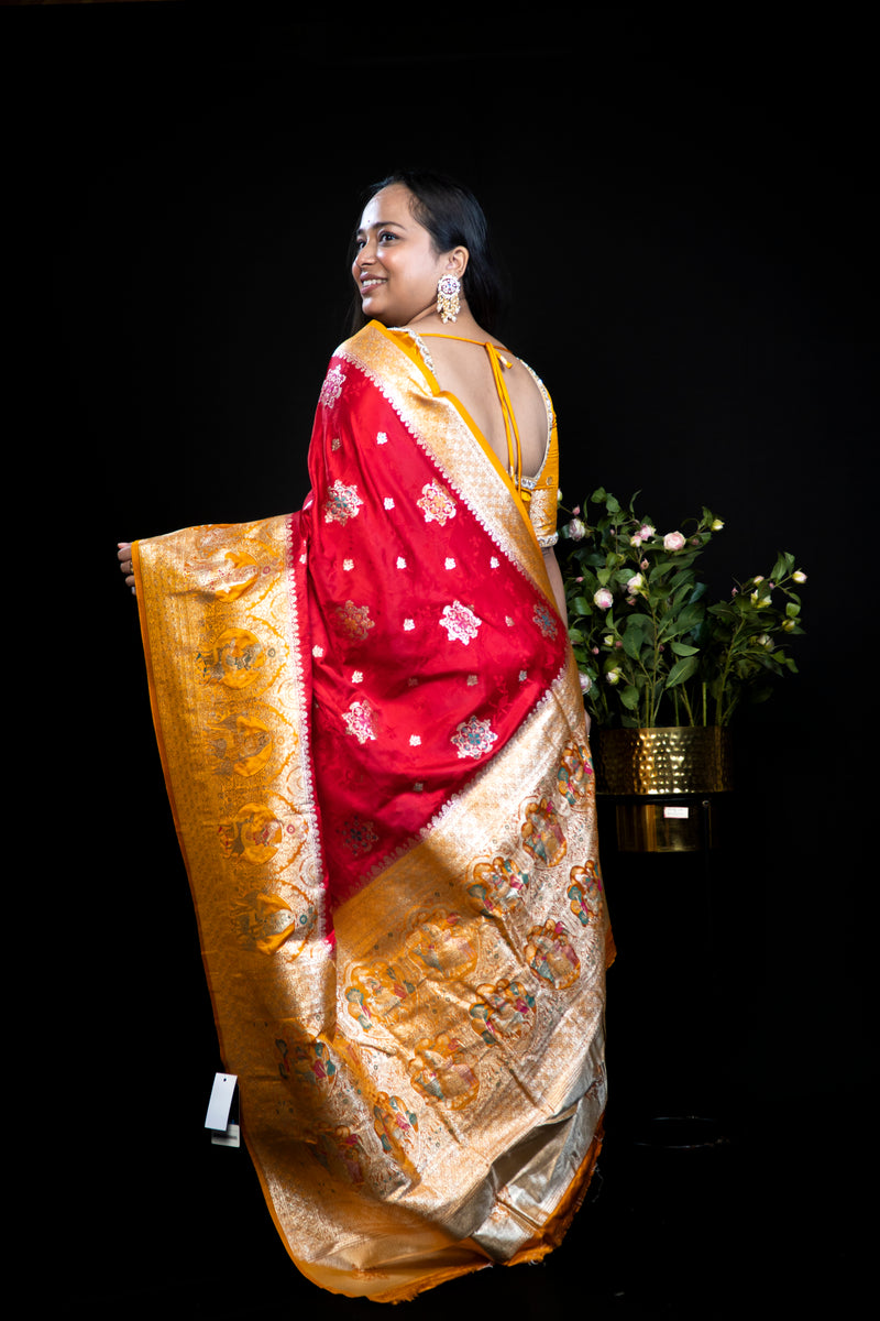 Mashru Banarasi Saree with Mina Work & Contrast Zari Border