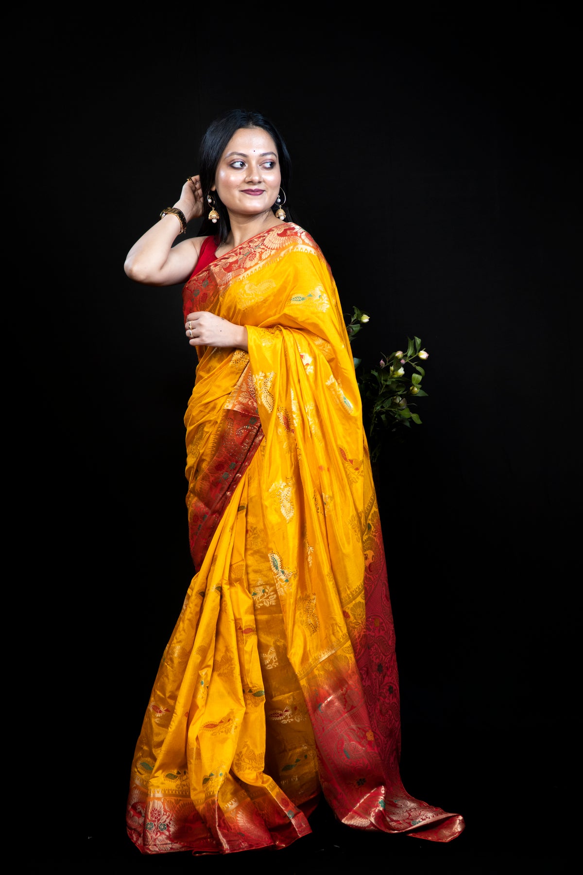 Silk Saree with Golden Peacock Border Design