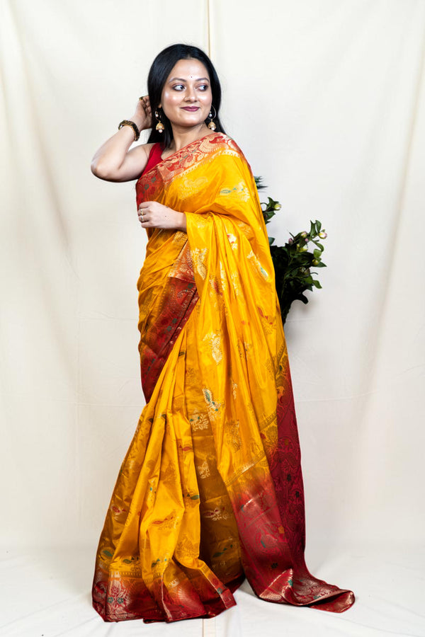 Silk Saree with Golden Peacock Border Design