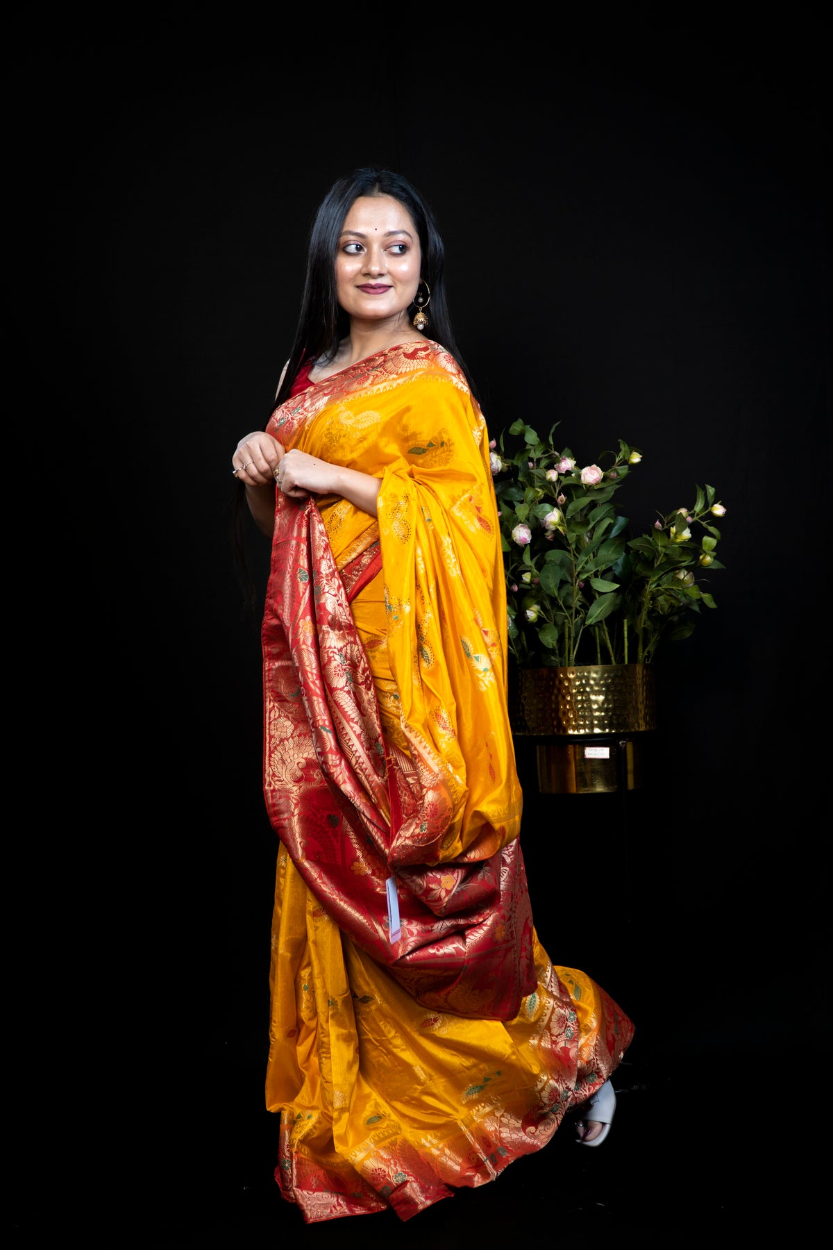 Silk Saree with Golden Peacock Border Design