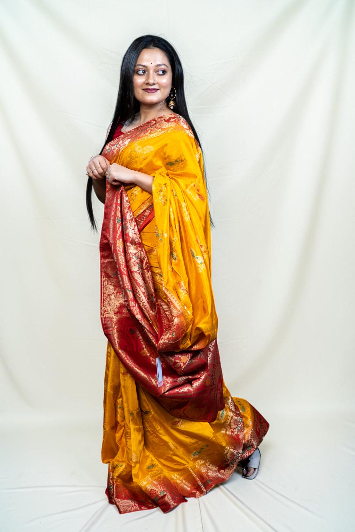 Silk Saree with Golden Peacock Border Design