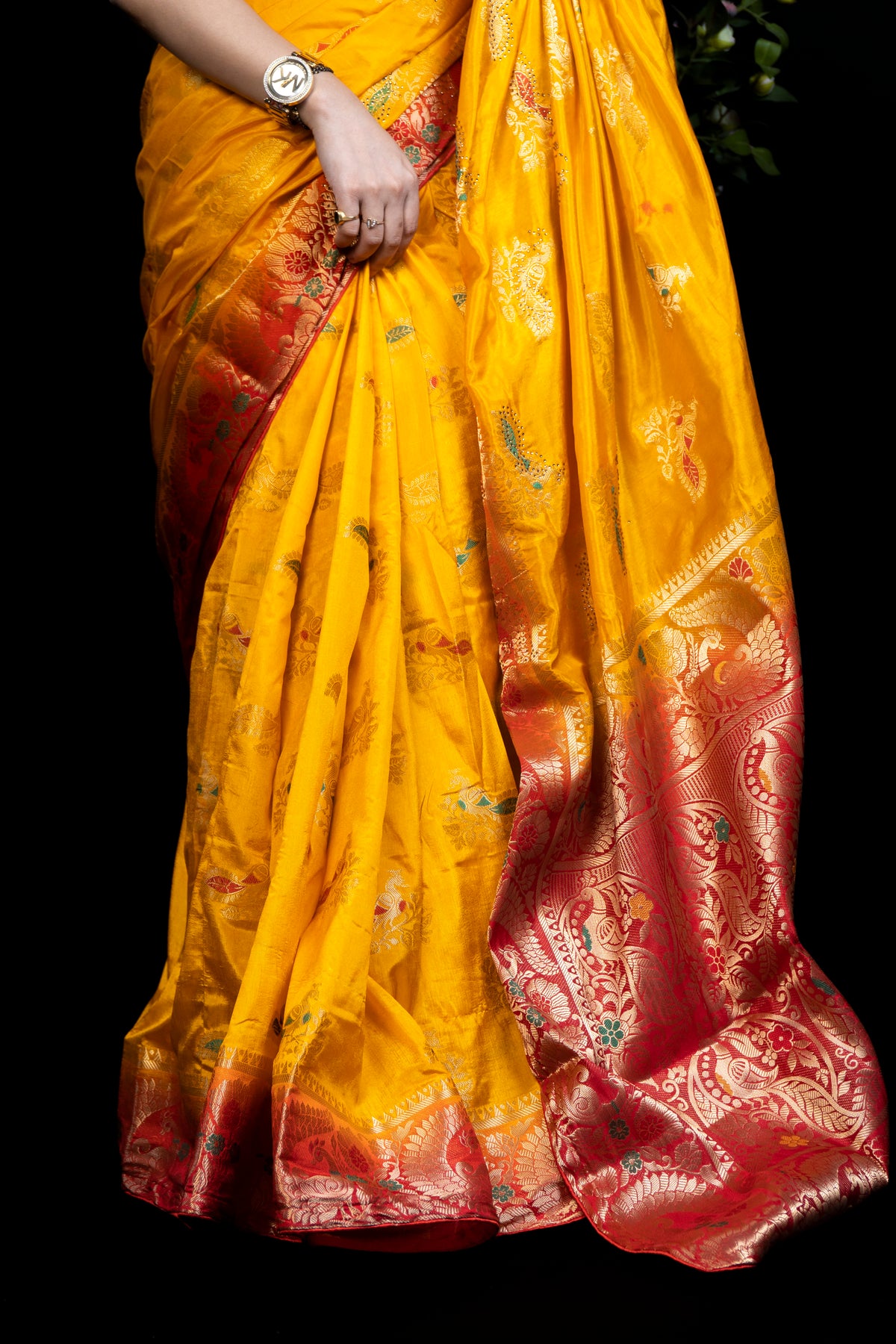 Silk Saree with Golden Peacock Border Design