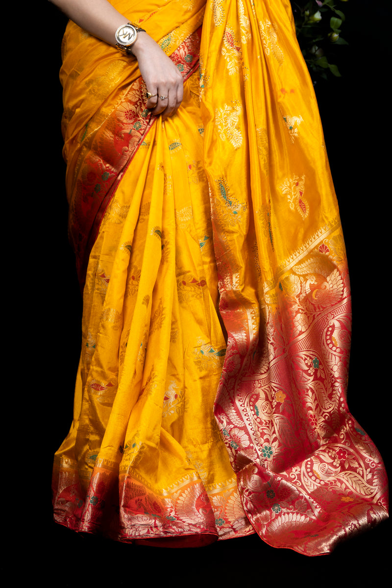 Silk Saree with Golden Peacock Border Design