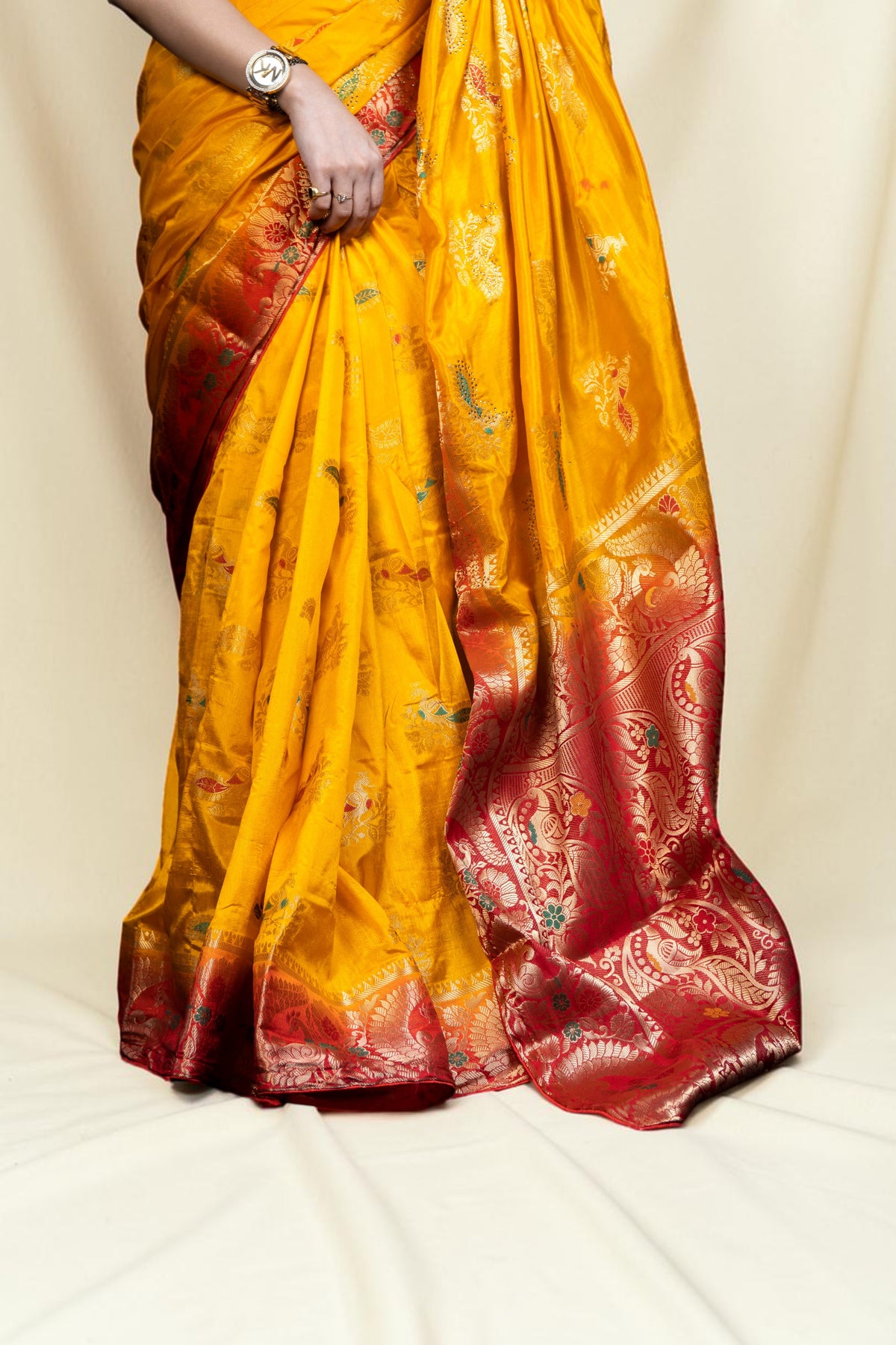 Silk Saree with Golden Peacock Border Design