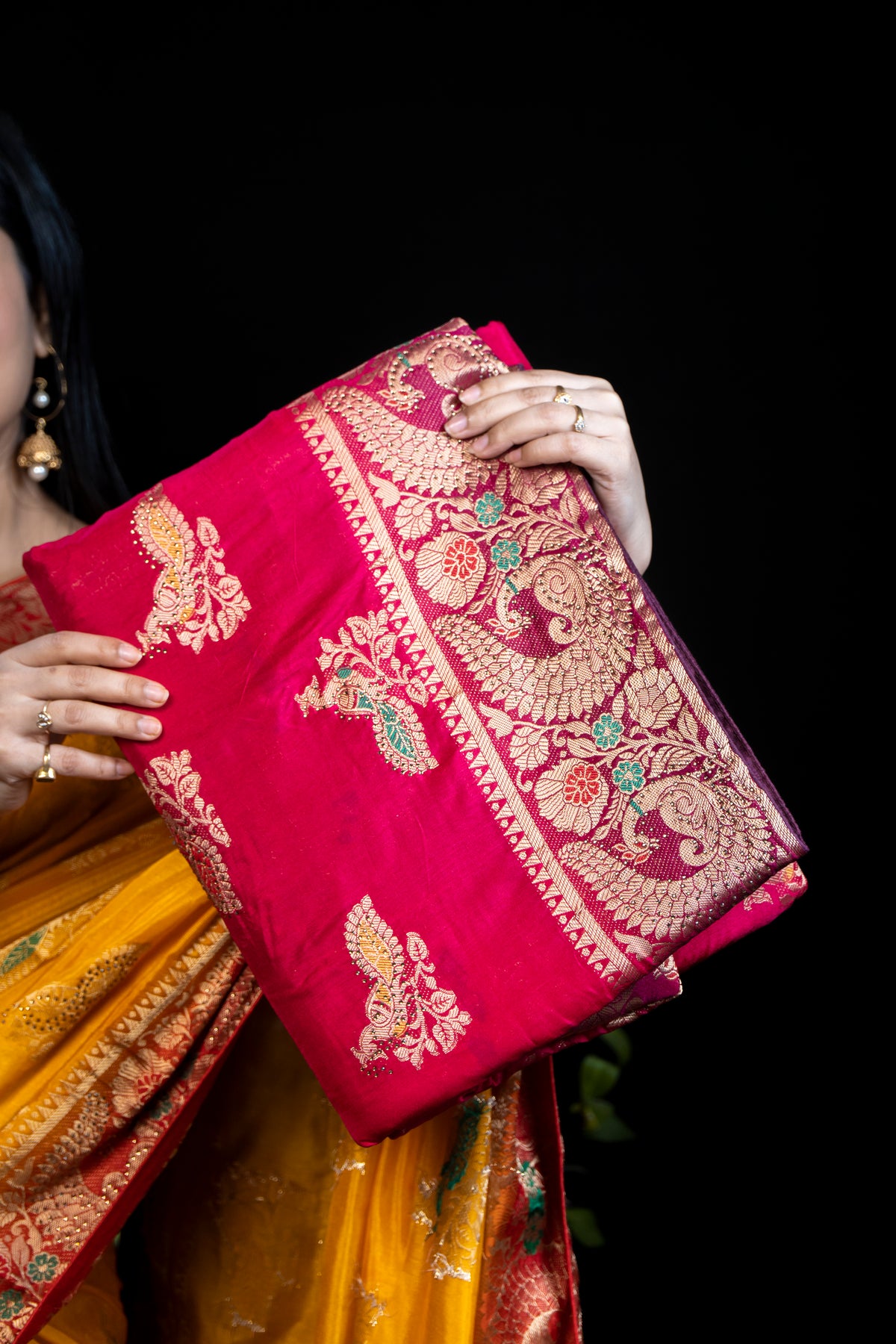 Silk Saree with Golden Peacock Border Design