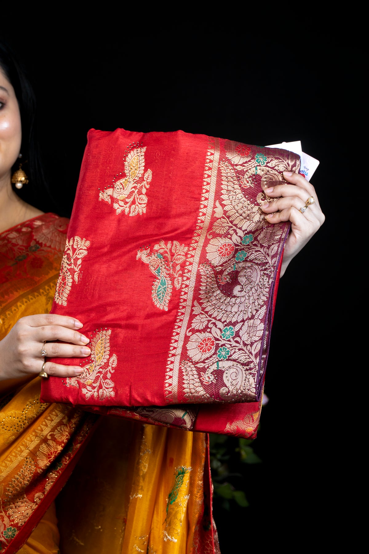 Silk Saree with Golden Peacock Border Design