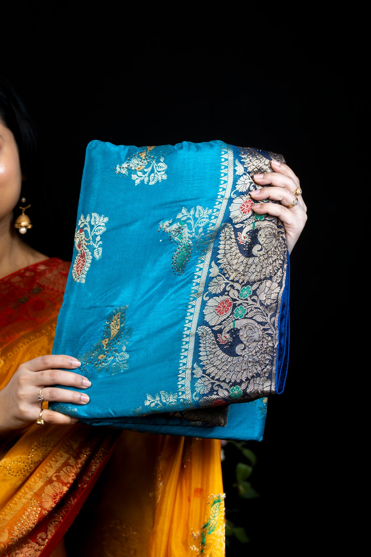 Silk Saree with Golden Peacock Border Design