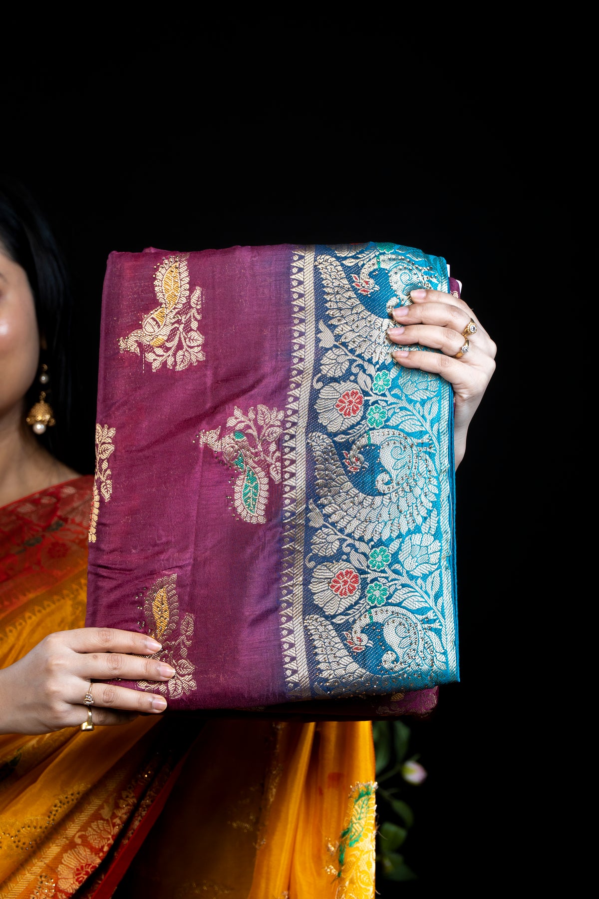Silk Saree with Golden Peacock Border Design