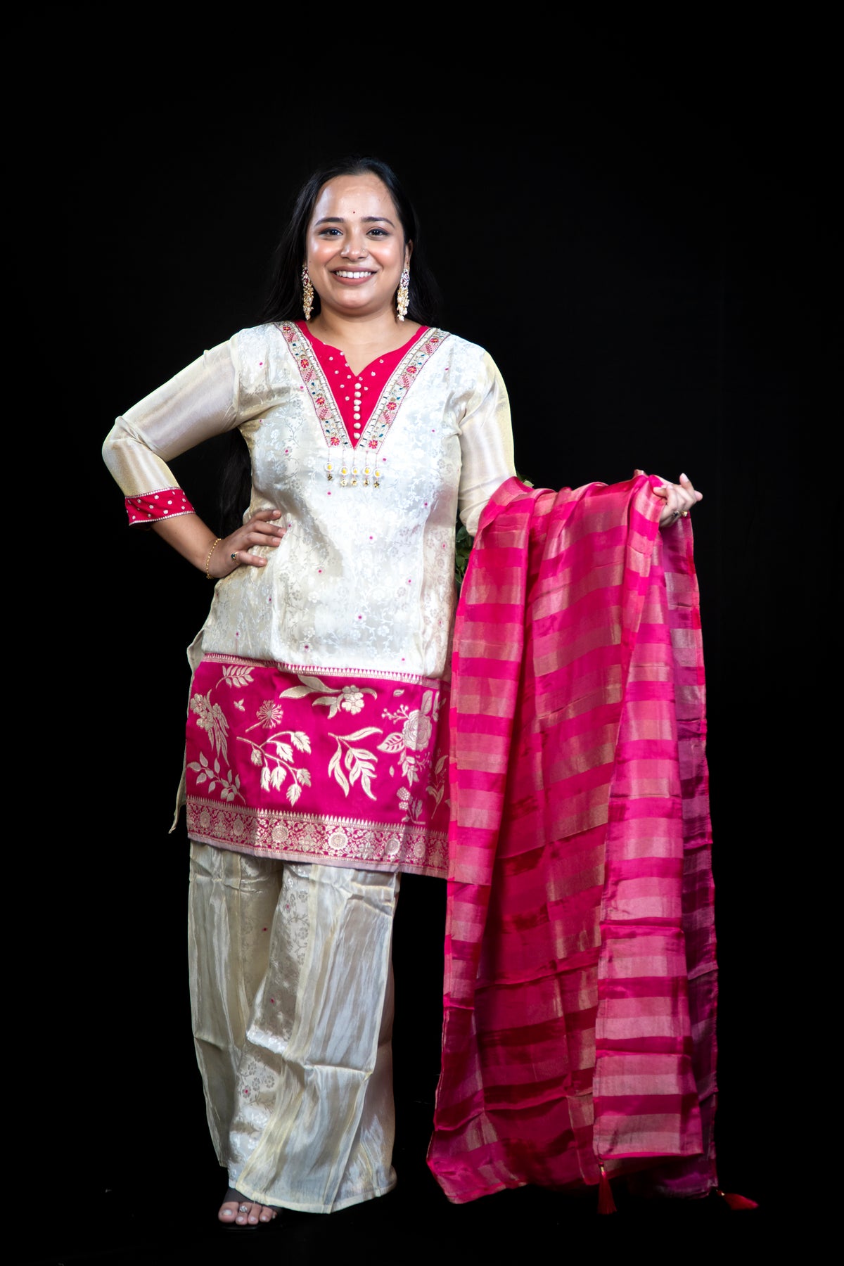 Beige Chanderi Kurti — Rani Pink Embroidered V-Neck Placket with Mirror & Gota Work with sharara and dupatta matching