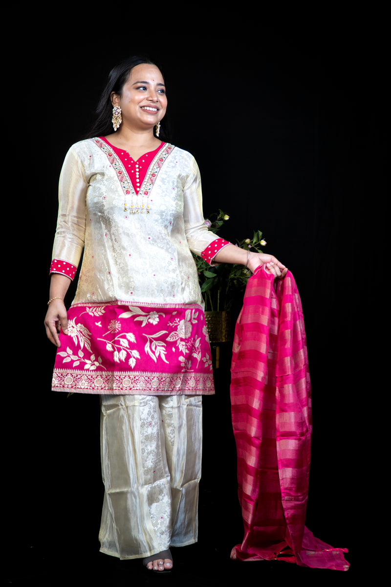 Beige Chanderi Kurti — Rani Pink Embroidered V-Neck Placket with Mirror & Gota Work with sharara and dupatta matching