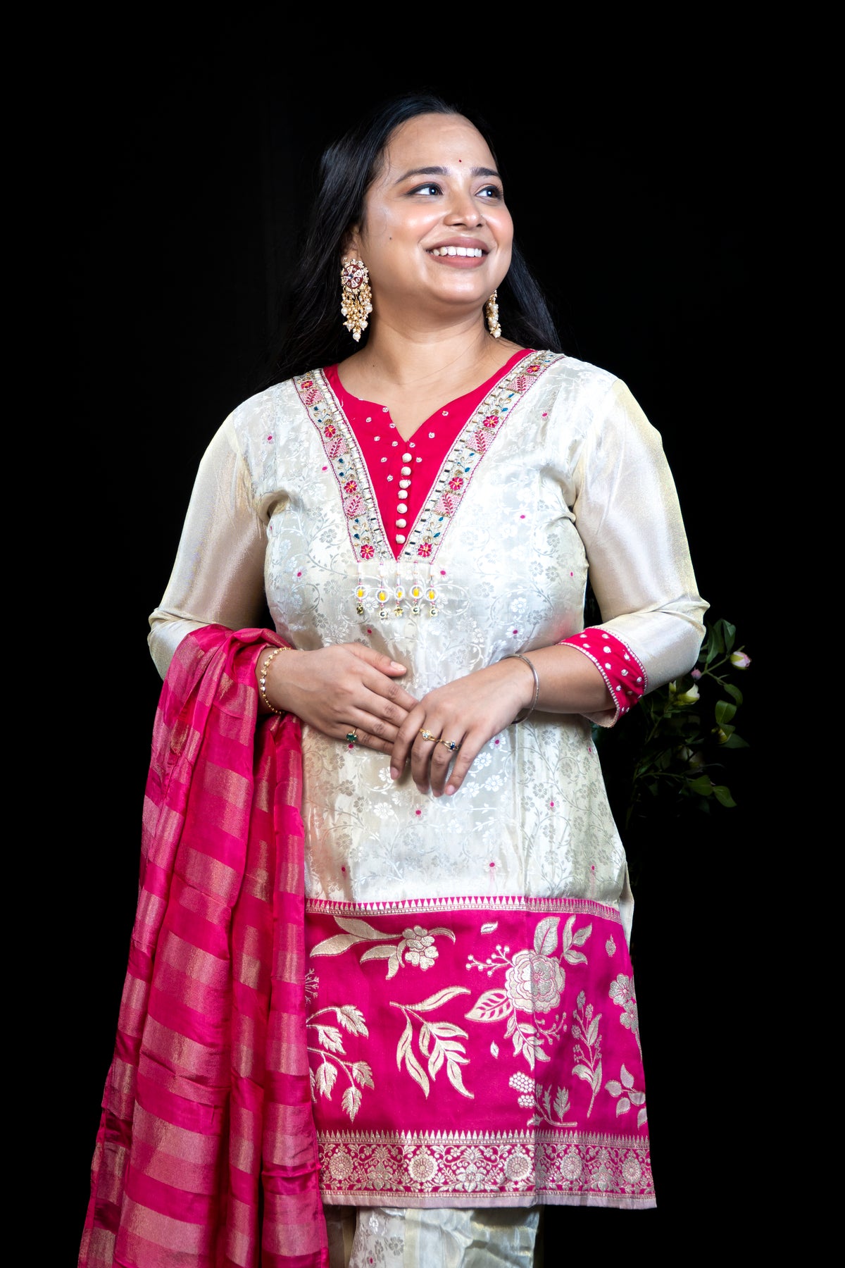 Beige Chanderi Kurti — Rani Pink Embroidered V-Neck Placket with Mirror & Gota Work with sharara and dupatta matching