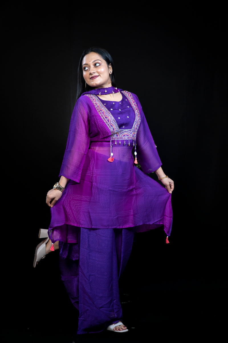 Purple Sharara Set with Embroidered Yoke and Contrast Choker Neckline