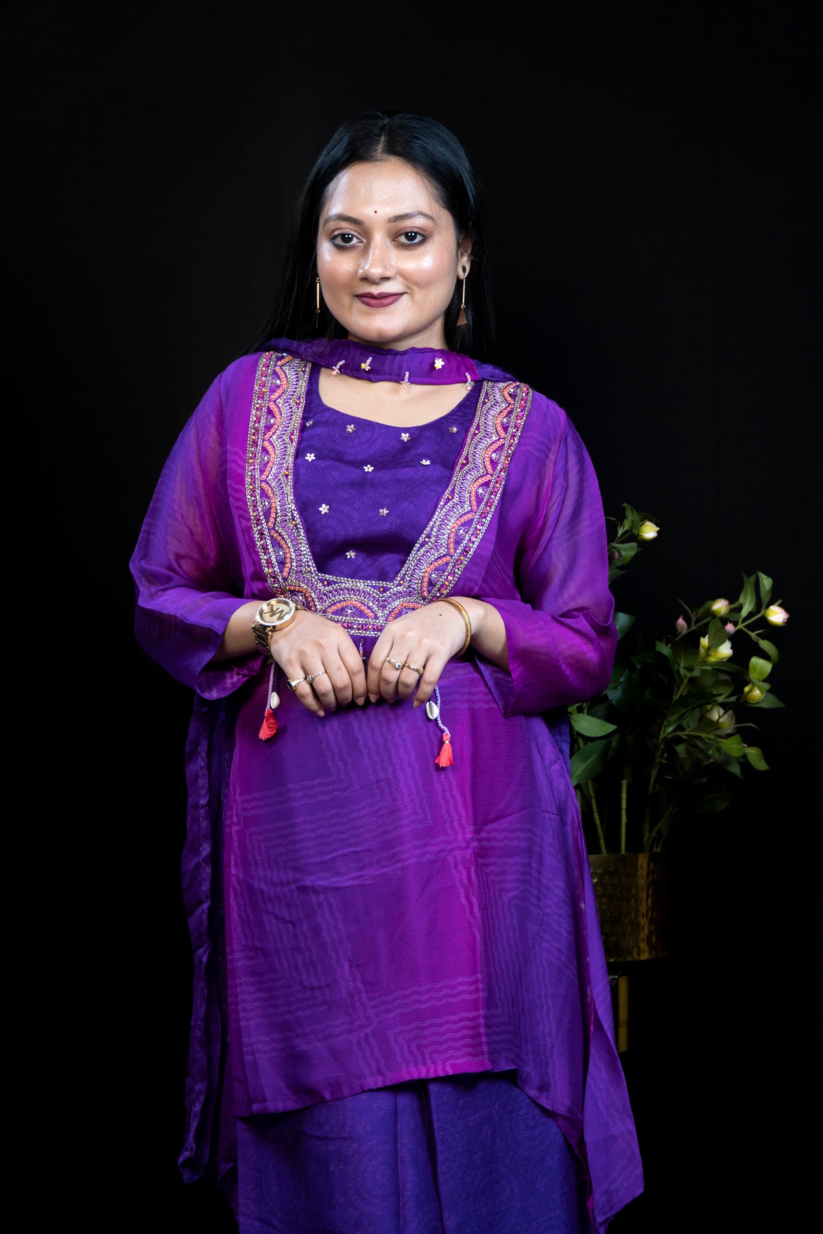 Purple Sharara Set with Embroidered Yoke and Contrast Choker Neckline