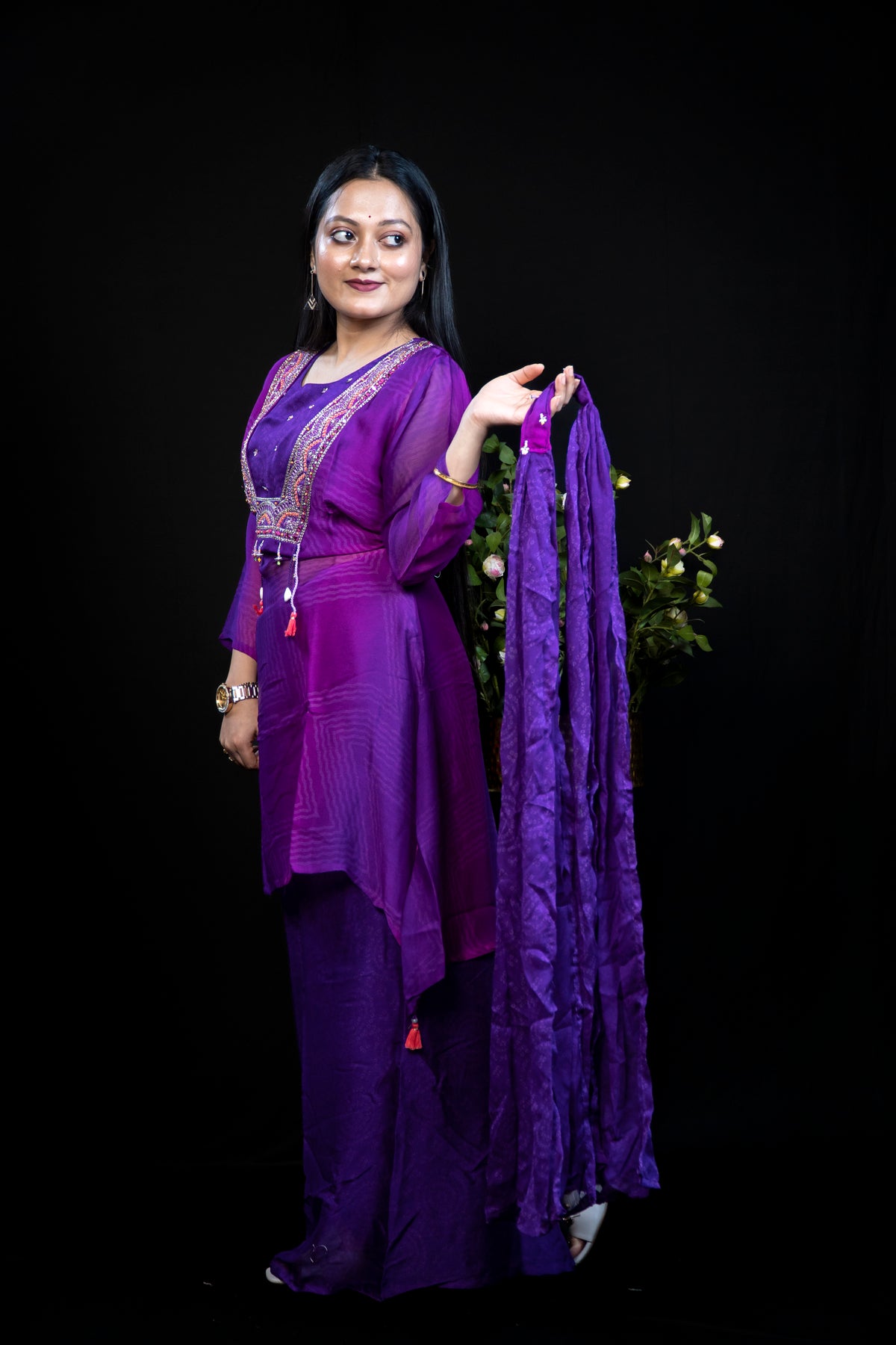 Purple Sharara Set with Embroidered Yoke and Contrast Choker Neckline
