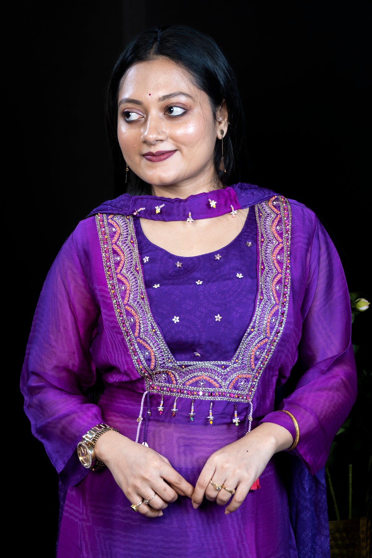 Purple Sharara Set with Embroidered Yoke and Contrast Choker Neckline