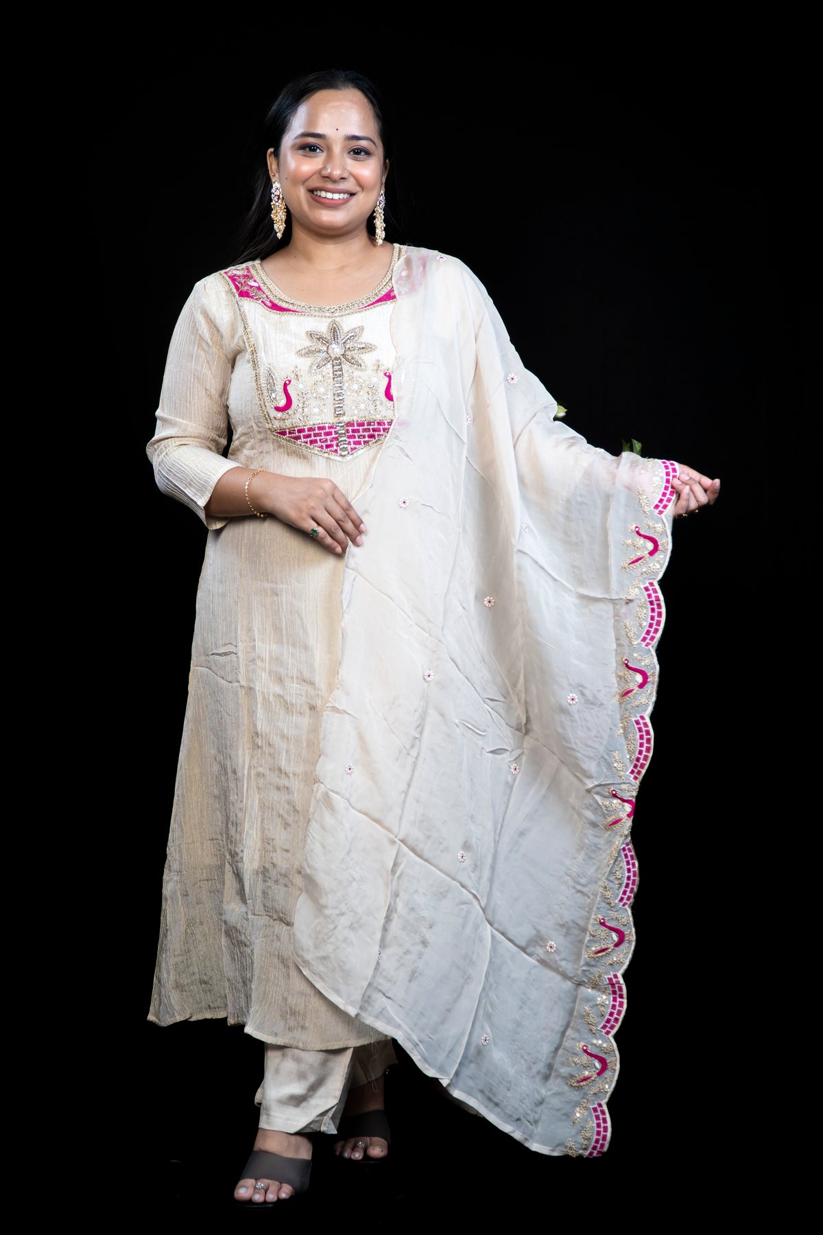 Beige Kurta Set with Kundan & Peacock Embroidered Yoke, Matching Dupatta and Straight Pant
