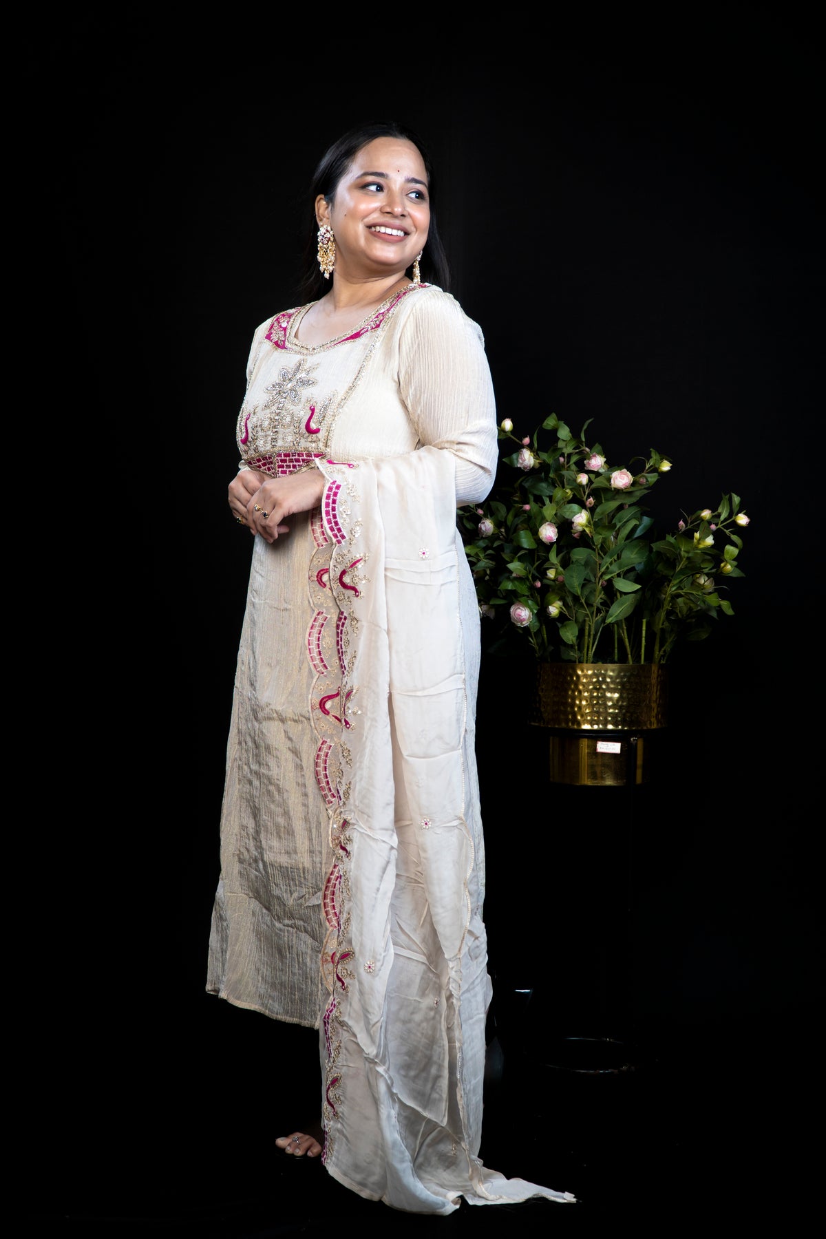 Beige Kurta Set with Kundan & Peacock Embroidered Yoke, Matching Dupatta and Straight Pant