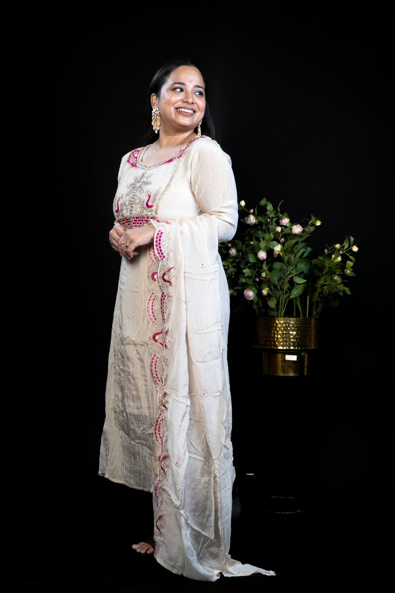 Beige Kurta Set with Kundan & Peacock Embroidered Yoke, Matching Dupatta and Straight Pant