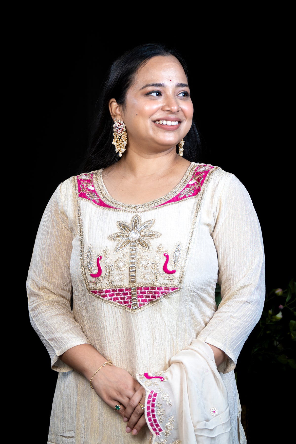 Beige Kurta Set with Kundan & Peacock Embroidered Yoke, Matching Dupatta and Straight Pant