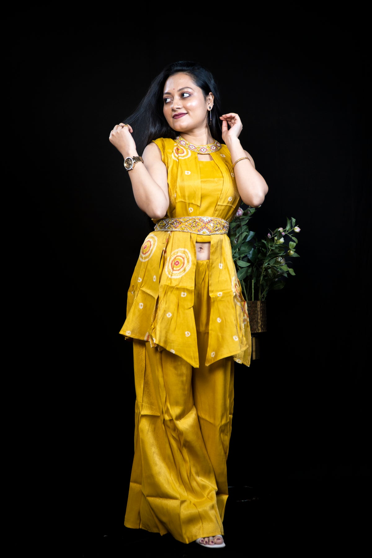 Mustard Yellow Bandhani-Print Peplum Set with Embellished Waistband