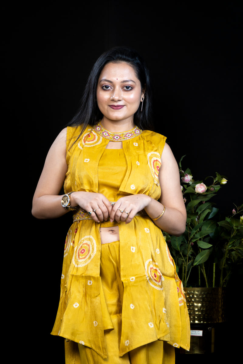 Mustard Yellow Bandhani-Print Peplum Set with Embellished Waistband