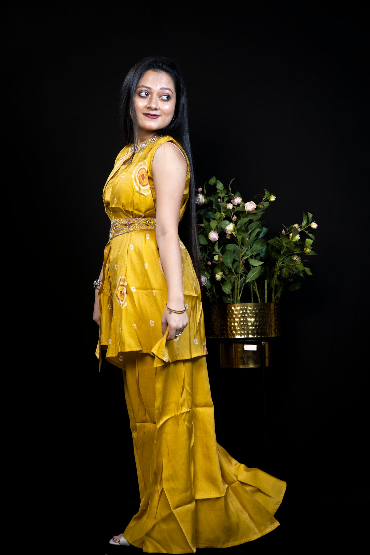 Mustard Yellow Bandhani-Print Peplum Set with Embellished Waistband