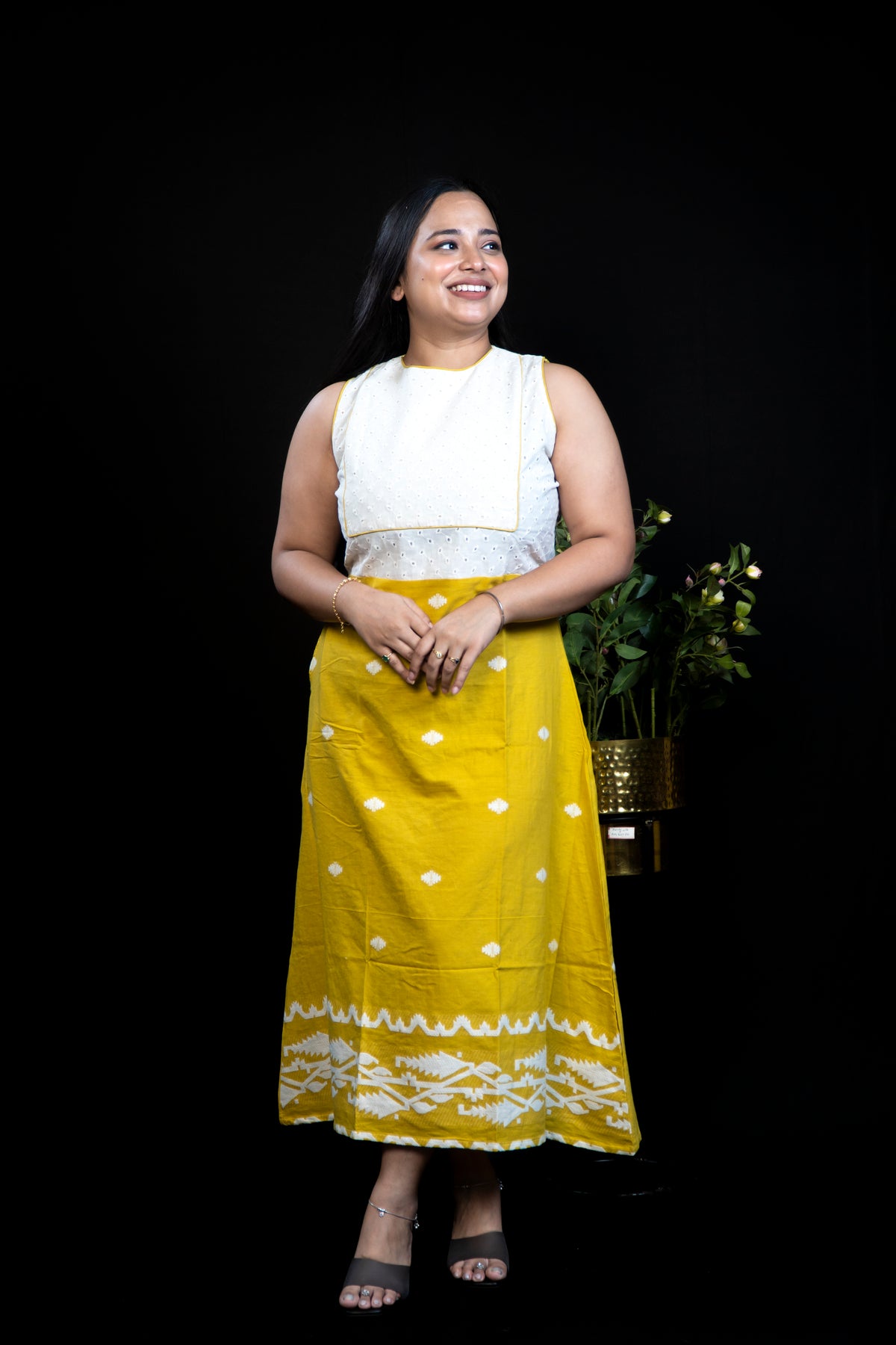 Handloom Cotton A-Line Dress with Hakoba & Jamdani Border