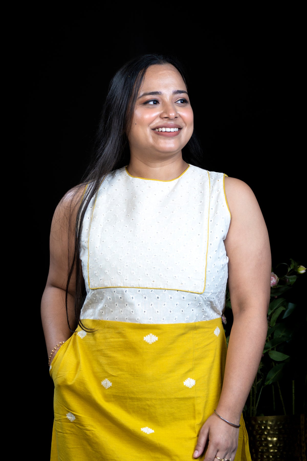 Handloom Cotton A-Line Dress with Hakoba & Jamdani Border