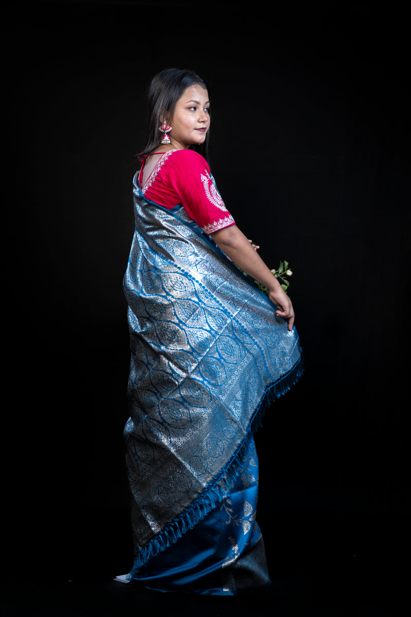 Royal Silk Saree with Metallic golden Zari Work and Tassels