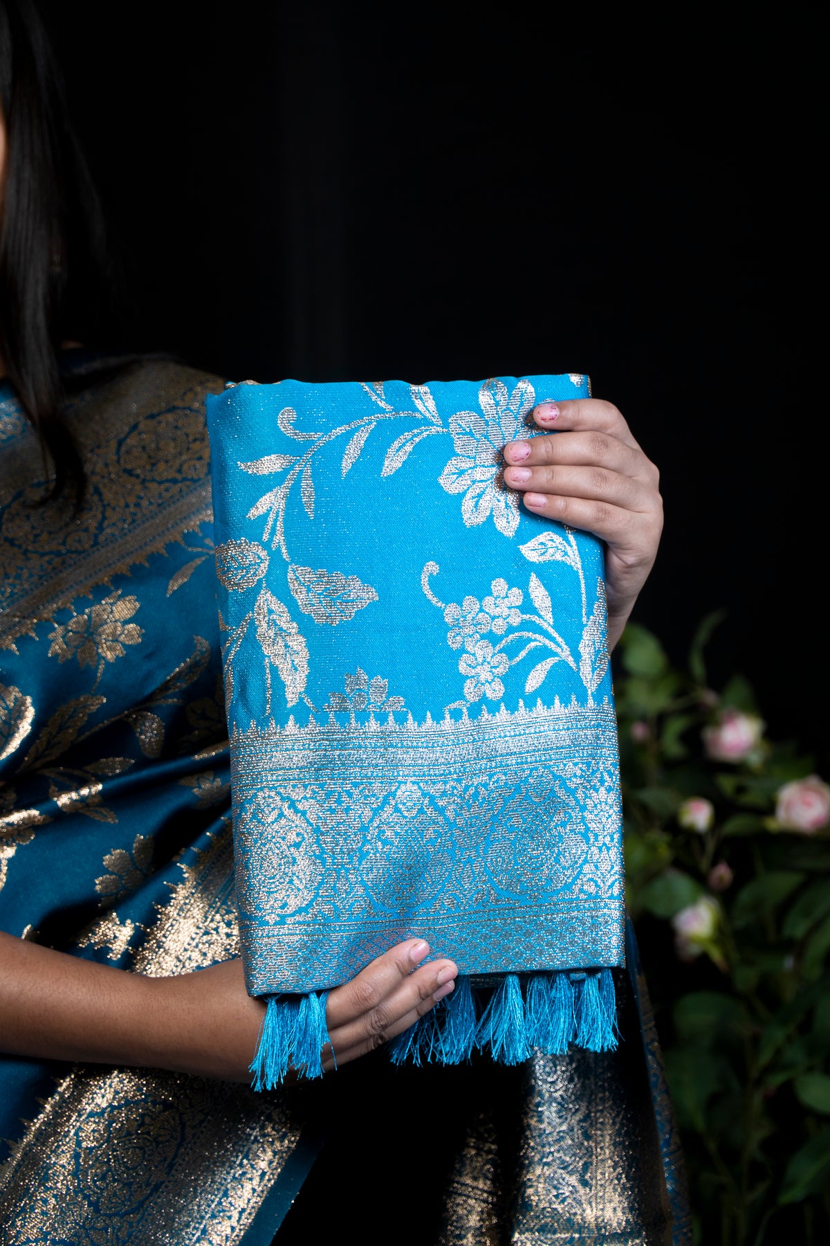Royal Silk Saree with Metallic golden Zari Work and Tassels