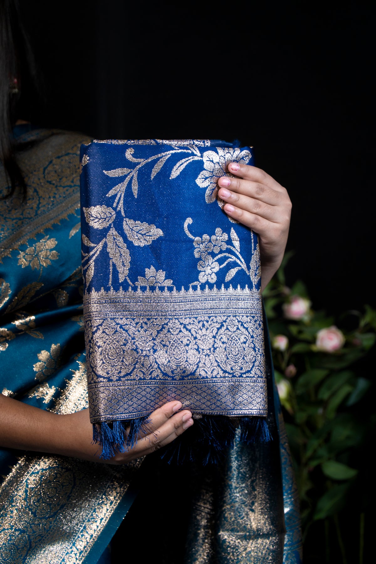 Royal Silk Saree with Metallic golden Zari Work and Tassels